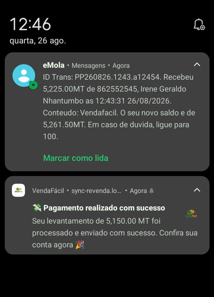 Comprovativo de pagamento de revendedor da Venda Fácil 5