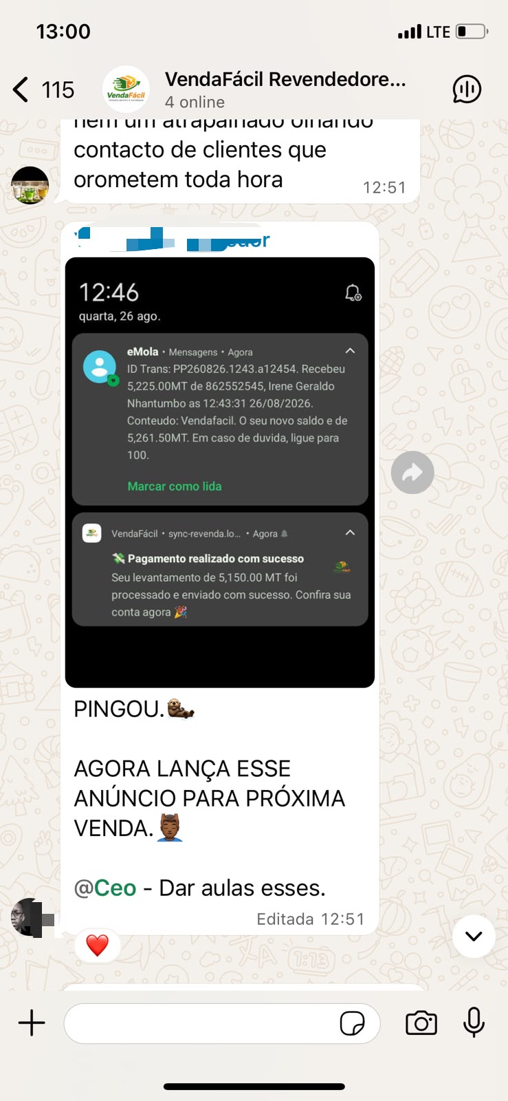 Comprovativo de pagamento de revendedor da Venda Fácil 3