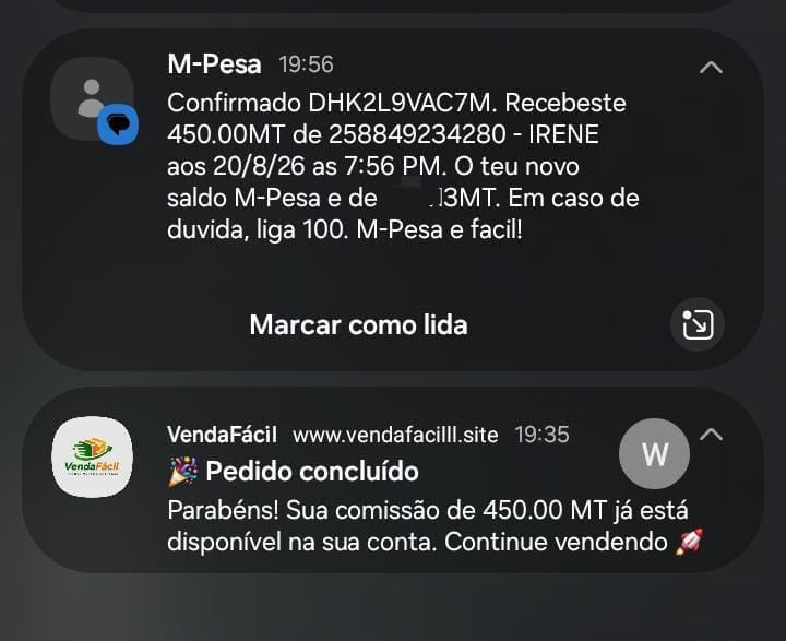 Comprovativo de pagamento de revendedor da Venda Fácil 7